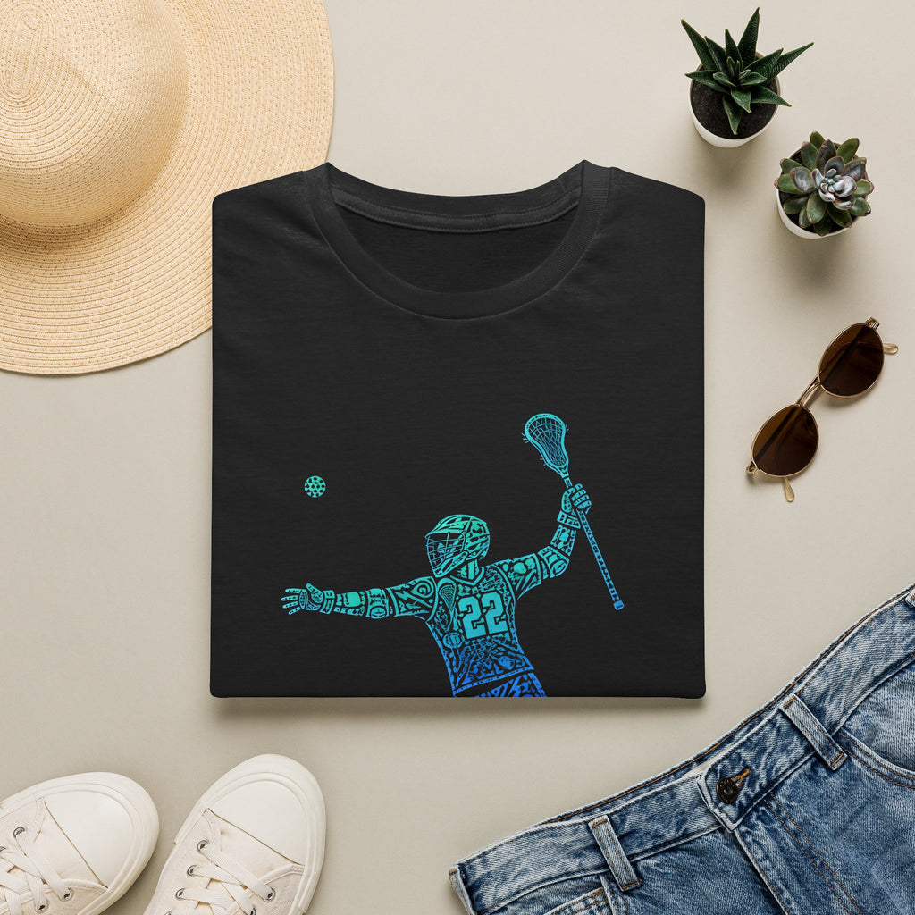 Lacrosse Player Graphic T-Shirt — Blue Gradient Stick Figure with Number 22