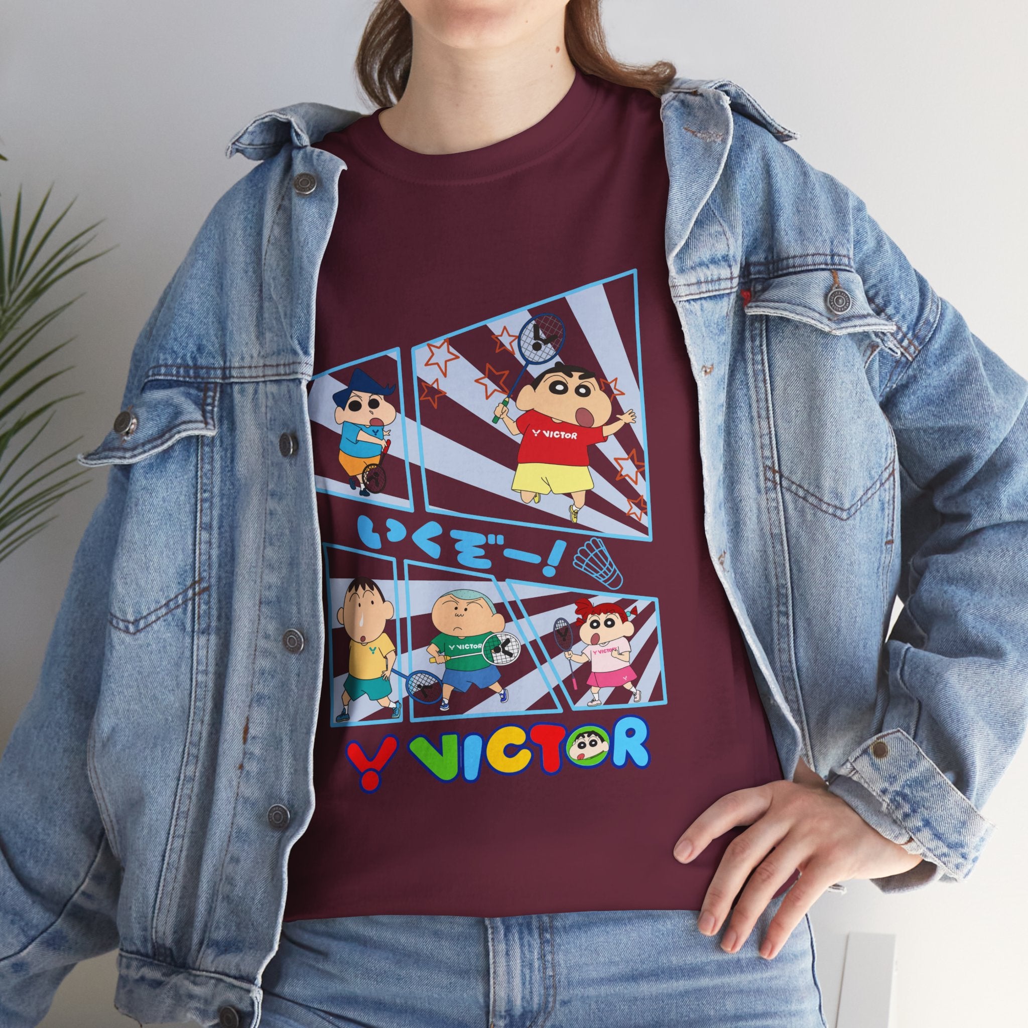 Crayon Shin-chan Cartoon Panel T-Shirt – Colorful Graphic Badminton Tee