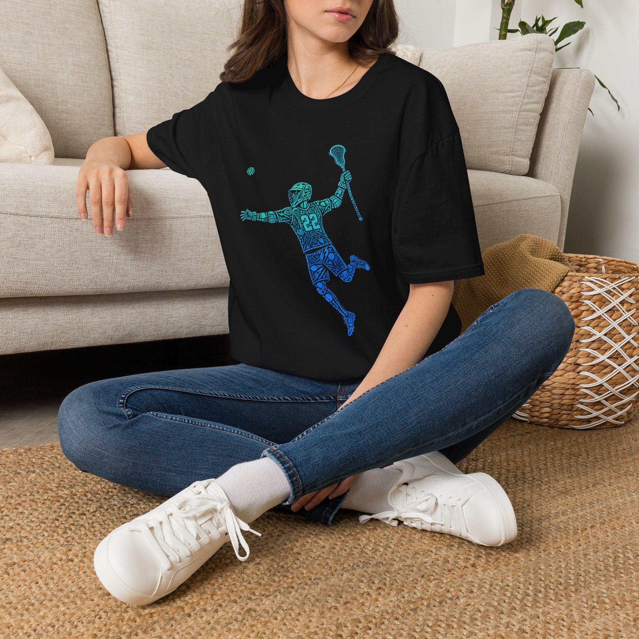 Lacrosse Player Graphic T-Shirt — Blue Gradient Stick Figure with Number 22