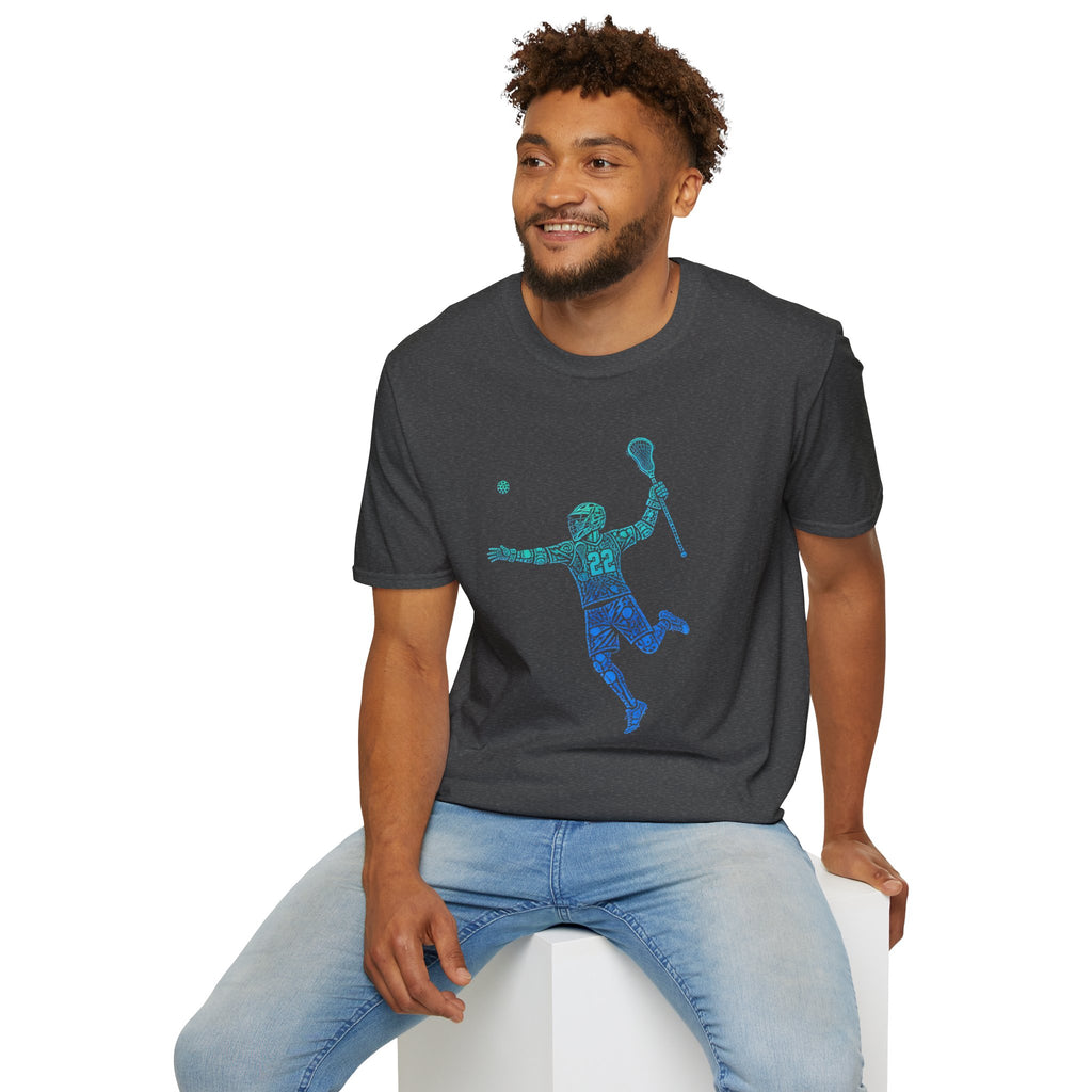 Lacrosse Player Graphic T-Shirt — Blue Gradient Stick Figure with Number 22