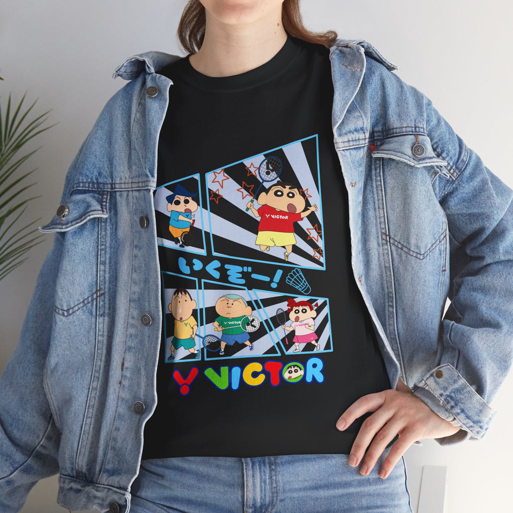 Crayon Shin-chan Cartoon Panel T-Shirt – Colorful Graphic Badminton Tee