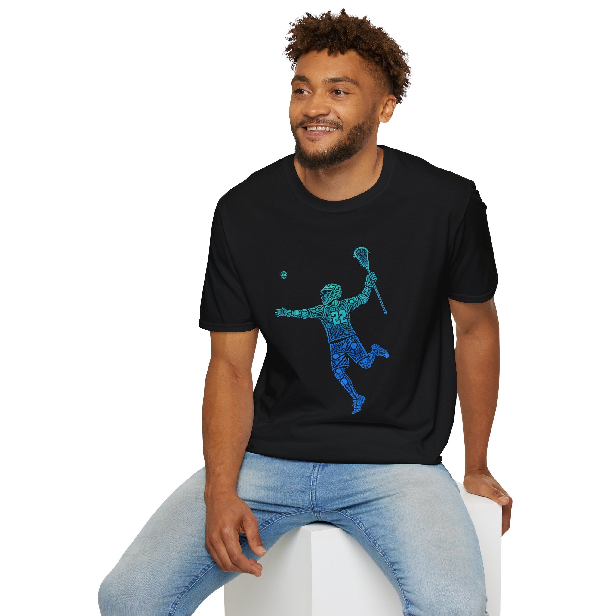 Lacrosse Player Graphic T-Shirt — Blue Gradient Stick Figure with Number 22