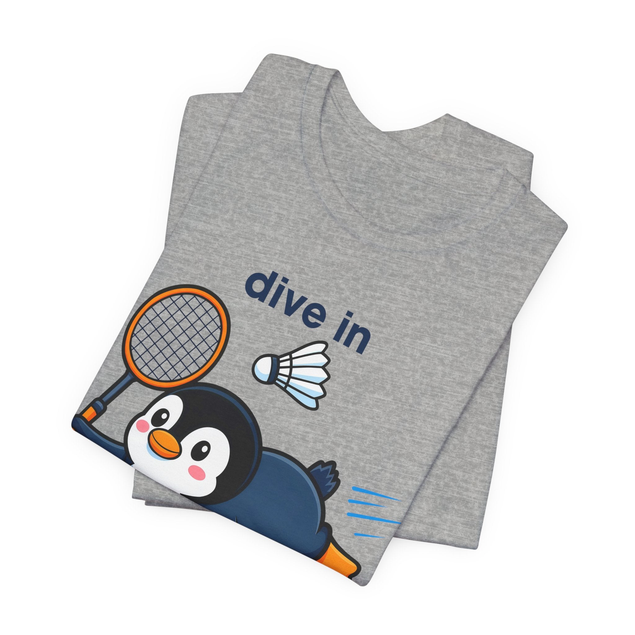 Penguin Badminton Tee — "Dive In for the Win" Cute Sports Graphic T-Shirt