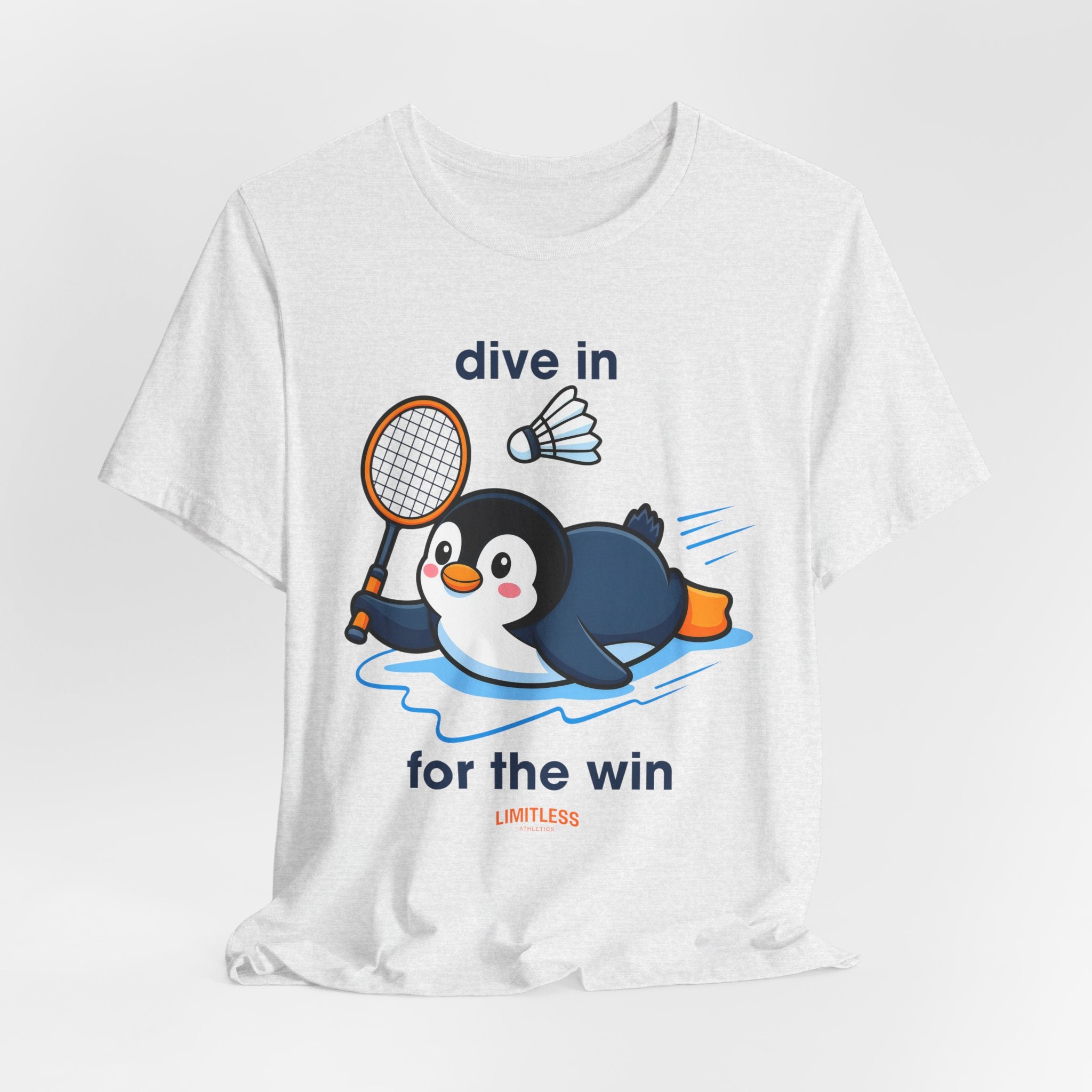 Penguin Badminton Tee — "Dive In for the Win" Cute Sports Graphic T-Shirt