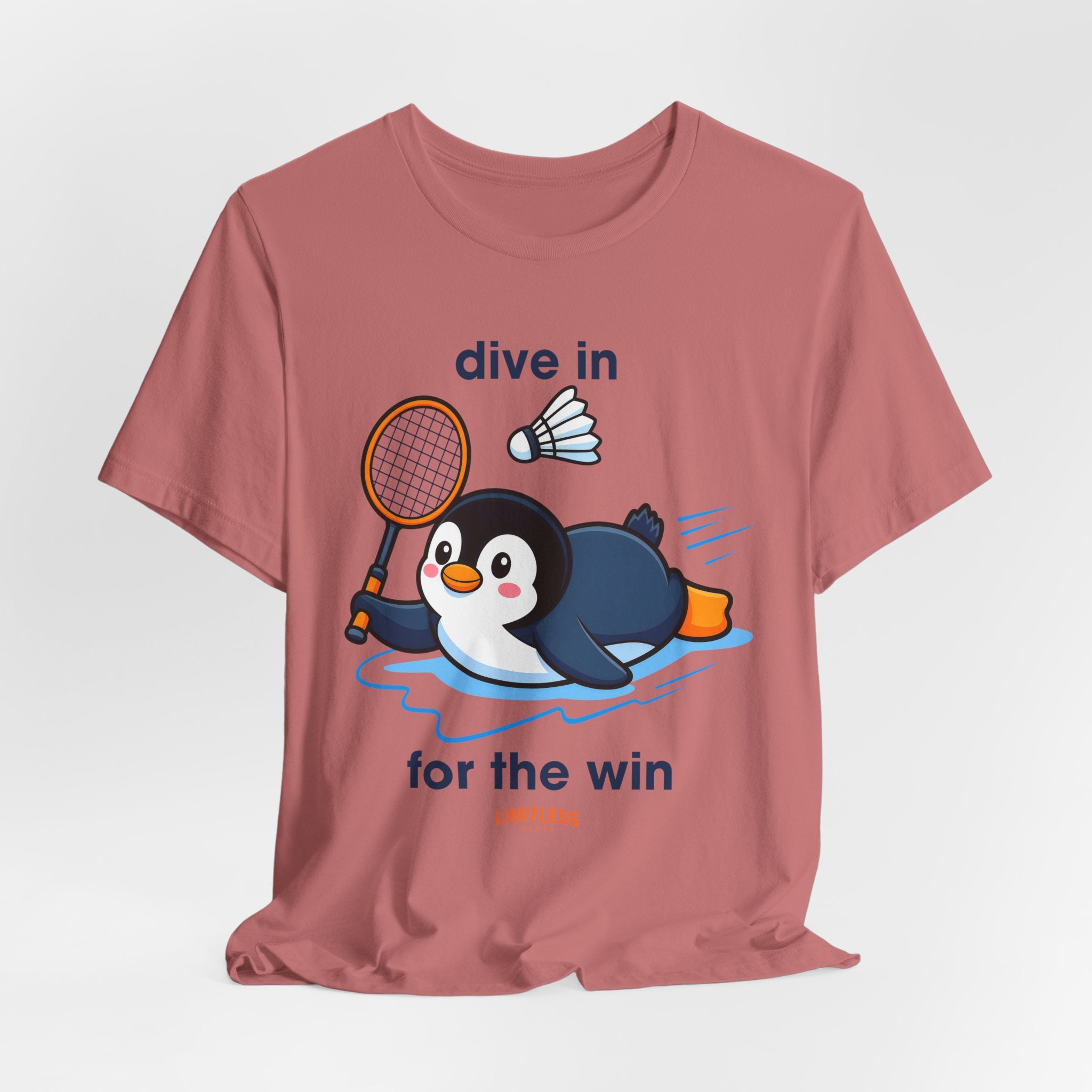 Penguin Badminton Tee — "Dive In for the Win" Cute Sports Graphic T-Shirt
