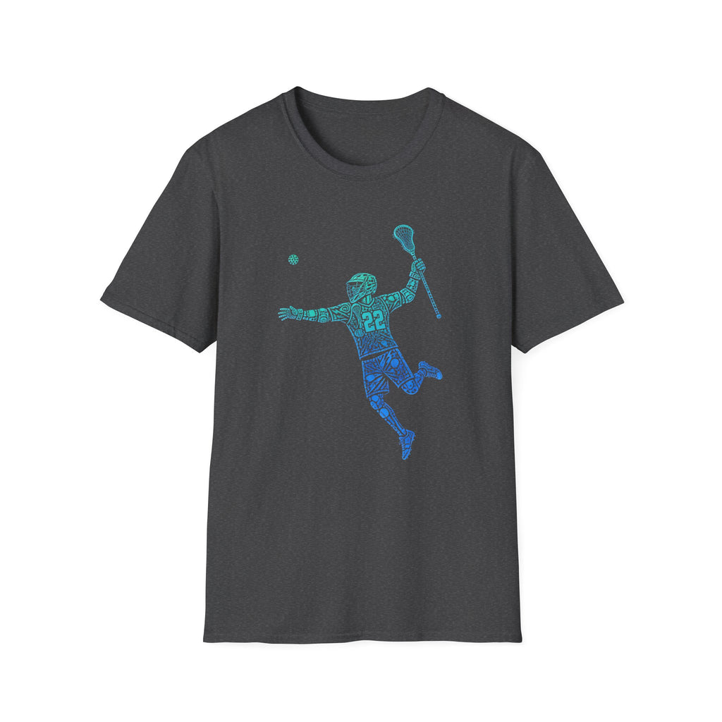 Lacrosse Player Graphic T-Shirt — Blue Gradient Stick Figure with Number 22