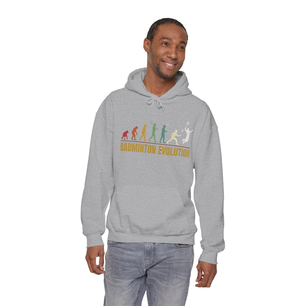 Badminton Evolution Hoodie — Retro Player Silhouette Badminton Sweatshirt
