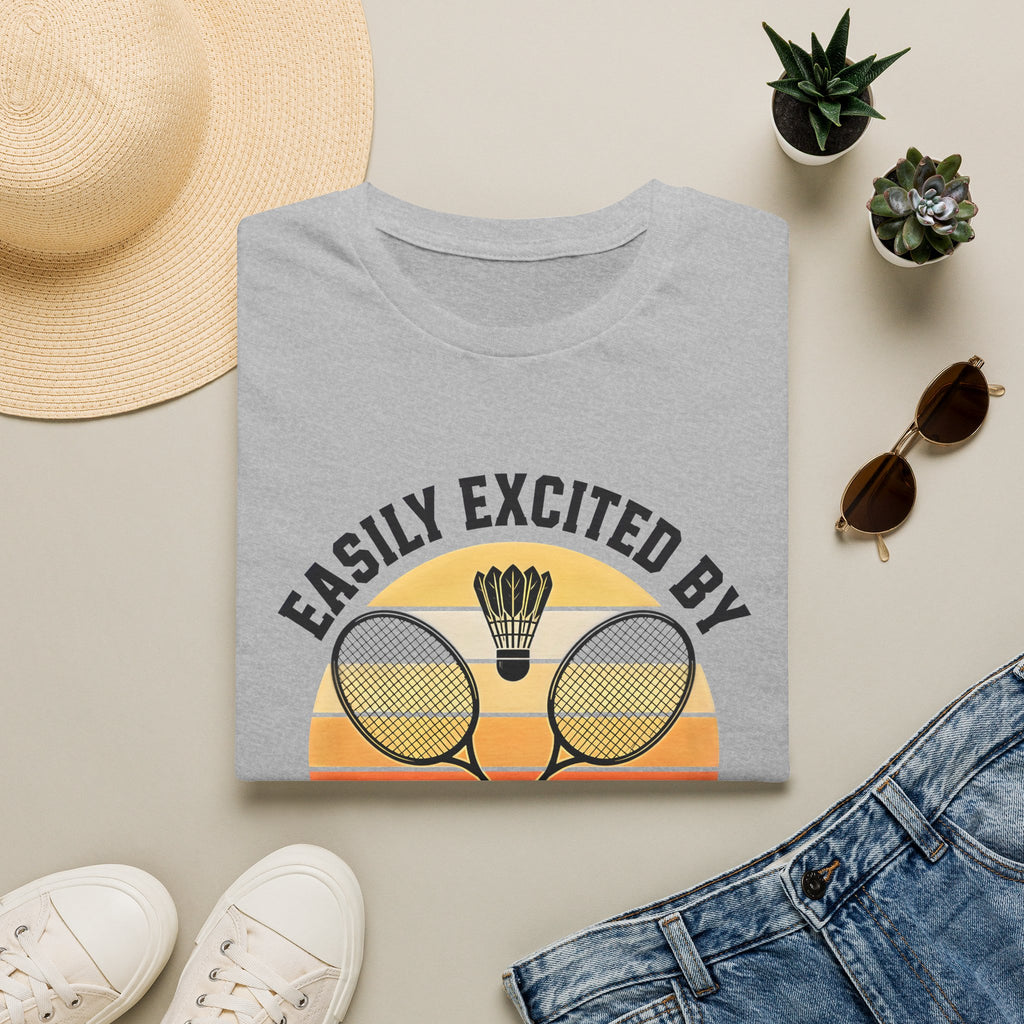 Badminton T-Shirt — "Easily Excited by Badminton" Retro Racket & Shuttle Tee