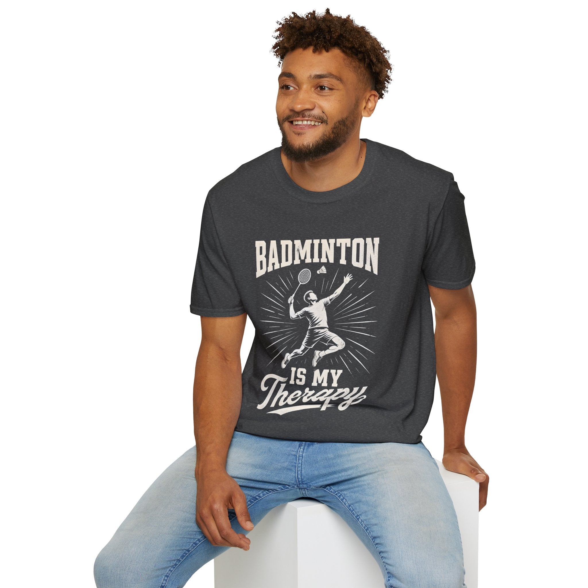 Badminton T-Shirt — "Badminton Is My Therapy" Retro Player Graphic