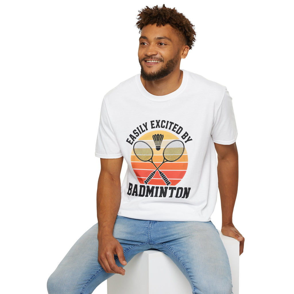 Badminton T-Shirt — "Easily Excited by Badminton" Retro Racket & Shuttle Tee