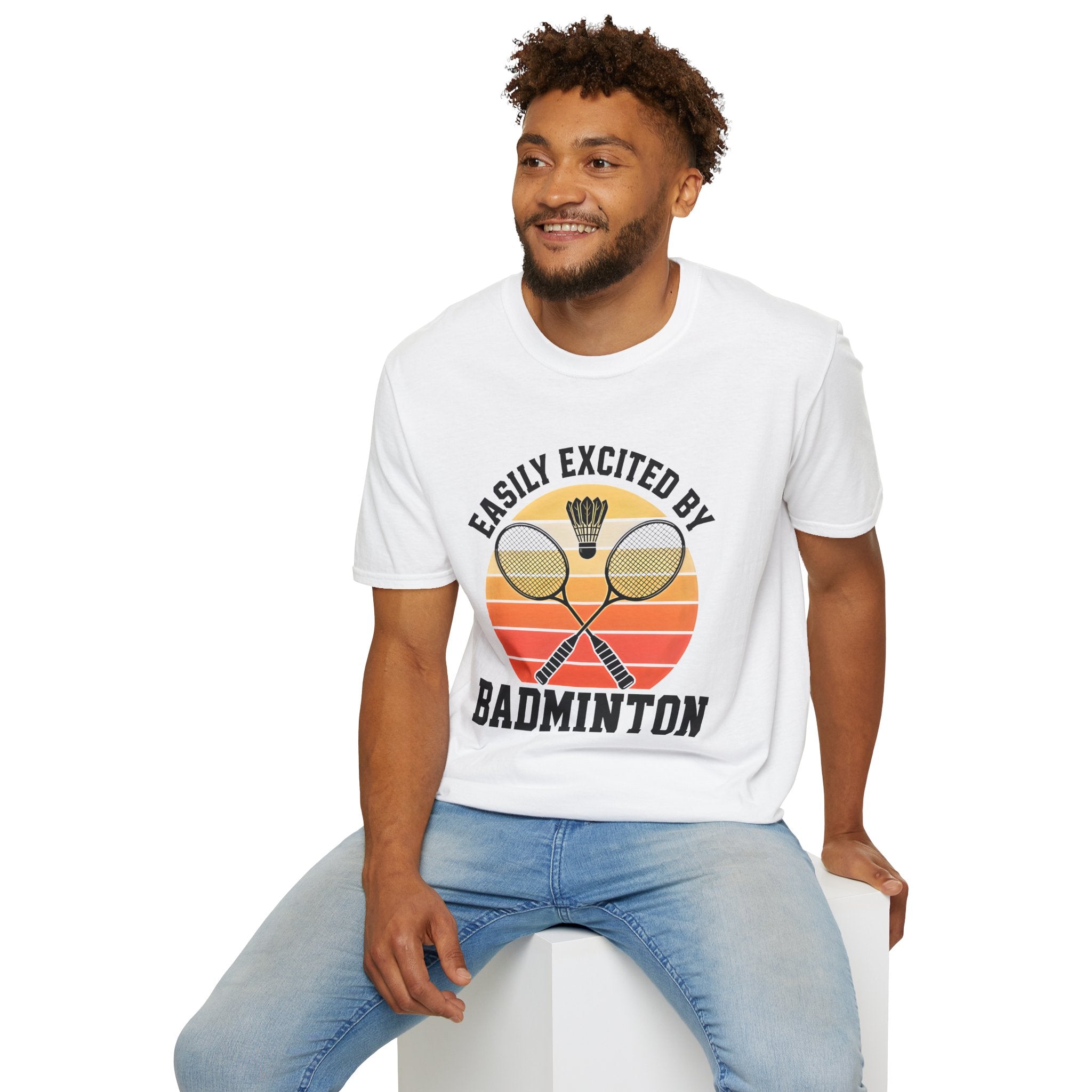 Badminton T-Shirt — "Easily Excited by Badminton" Retro Racket & Shuttle Tee