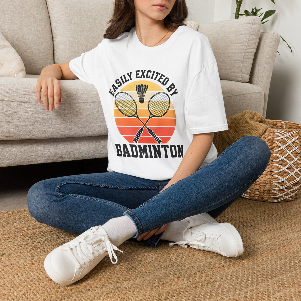 Badminton T-Shirt — "Easily Excited by Badminton" Retro Racket & Shuttle Tee